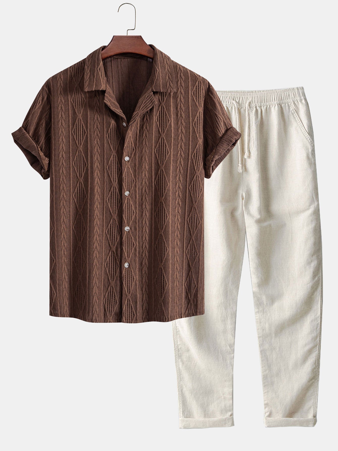 Chemise cubaine à jacquard géométrique et pantalon droit en lin