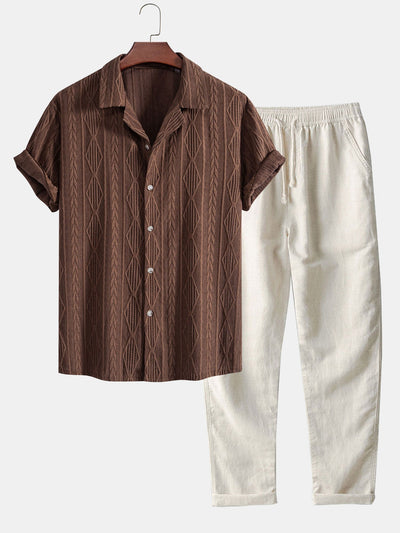 Chemise cubaine à jacquard géométrique et pantalon droit en lin