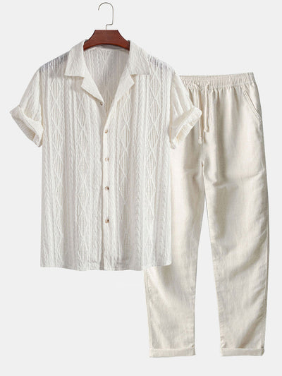 Chemise cubaine à jacquard géométrique et pantalon droit en lin