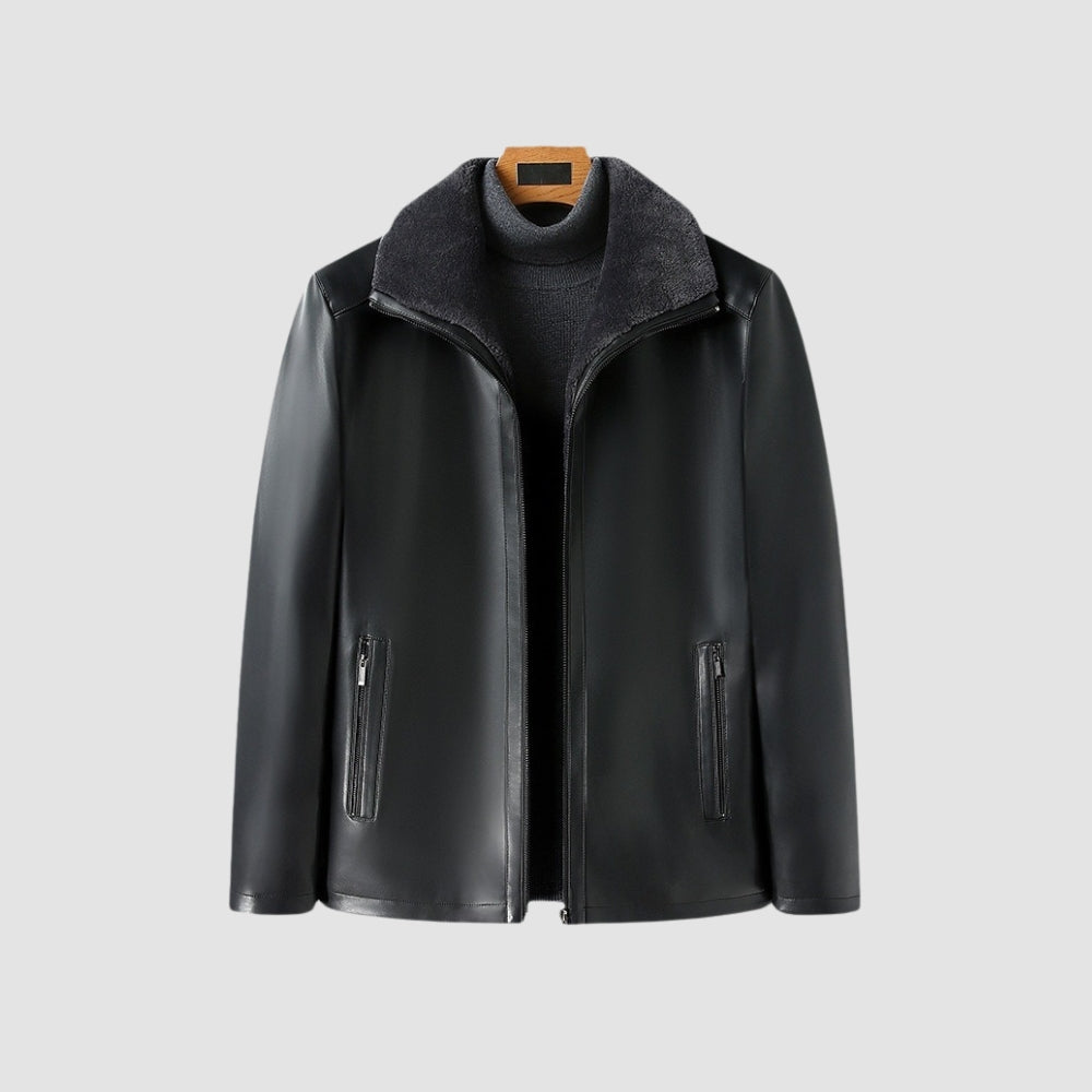 Veste en cuir à col en fourrure épaisse Old Money