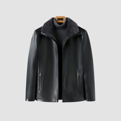 Veste en cuir à col en fourrure épaisse Old Money