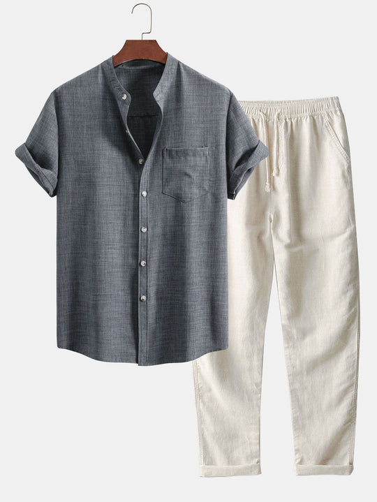 Chemise à manches courtes et col montant et pantalon droit en lin