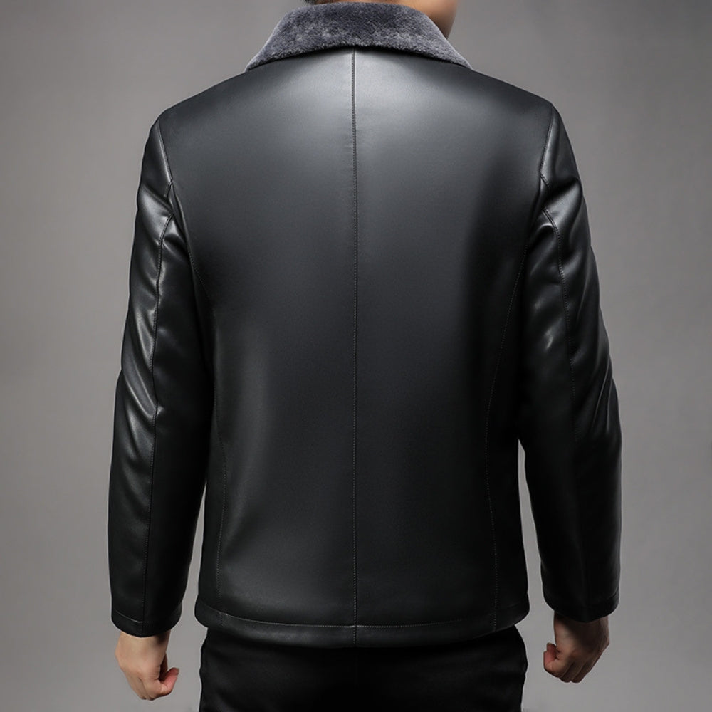 Veste en cuir à col en fourrure épaisse Old Money