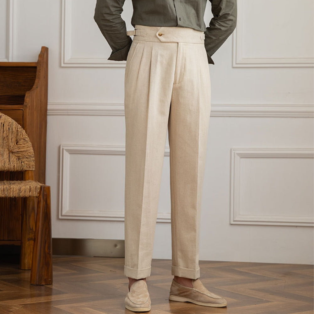 Pantalon décontracté taille haute en coton et lin Old Money